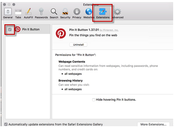 Manage Extension Window Manage Extension Window